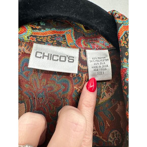 90s Vintage Jacket Womens Medium Black Paisley Colorful Tapestry Boho Button - Picture 2 of 9